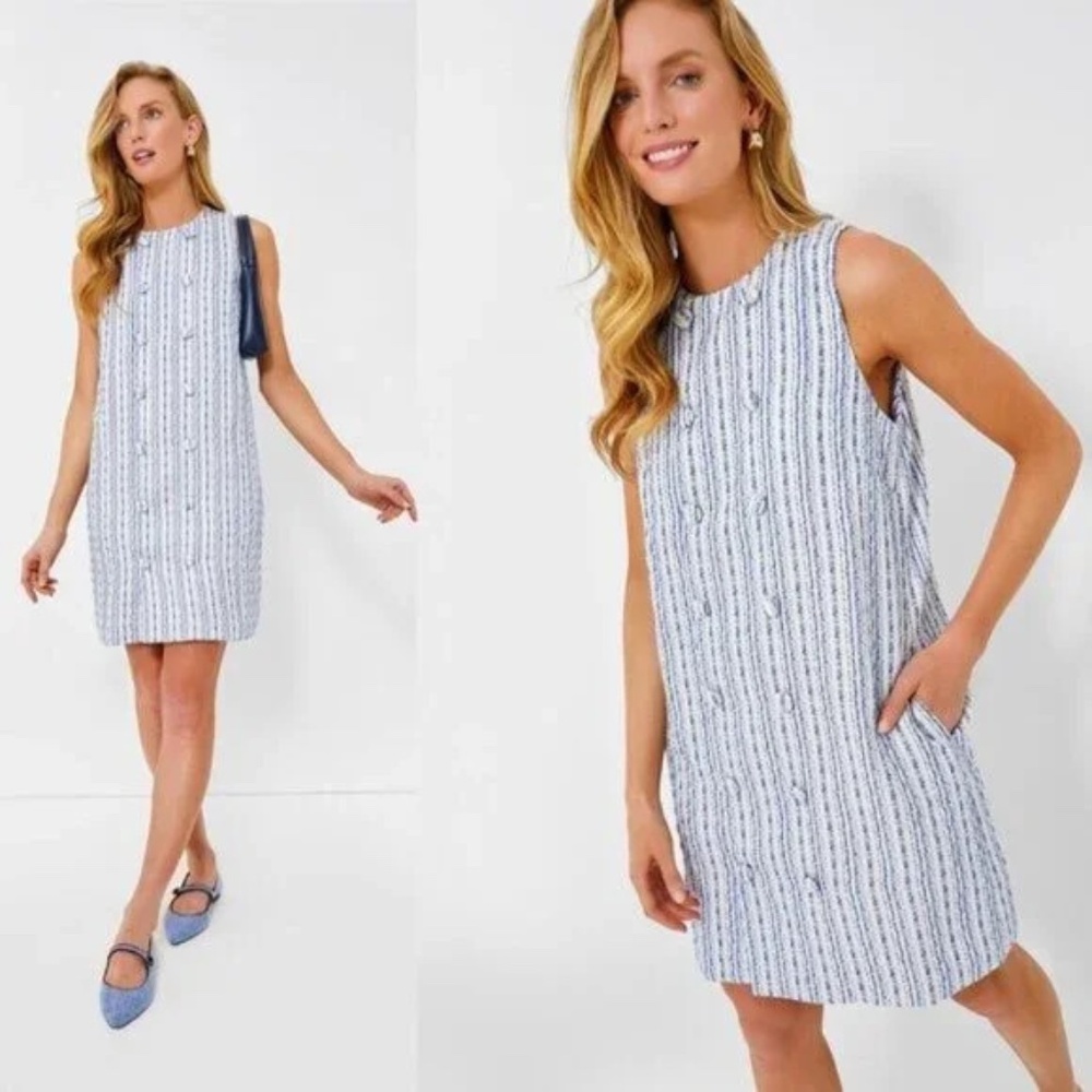 Tuckernuck Light Blue and White Textured Sleeveless Shift Dress